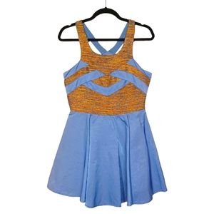 WISH Periwinkle Blue Yellow Orange Tweed Embroidered Sleeveless A-Line Dress